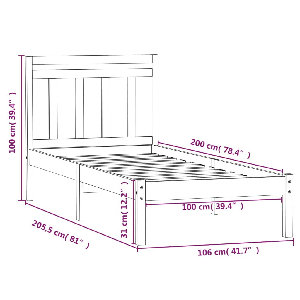 3100583 vidaXL Bed Frame without Mattress Black Solid Wood 100x200 cm (810011+814083)