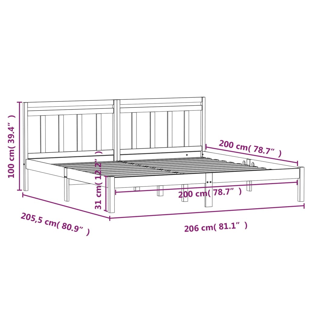 3100613 vidaXL Bed Frame without Mattress Black Solid Wood 200x200 cm (810041+814118)