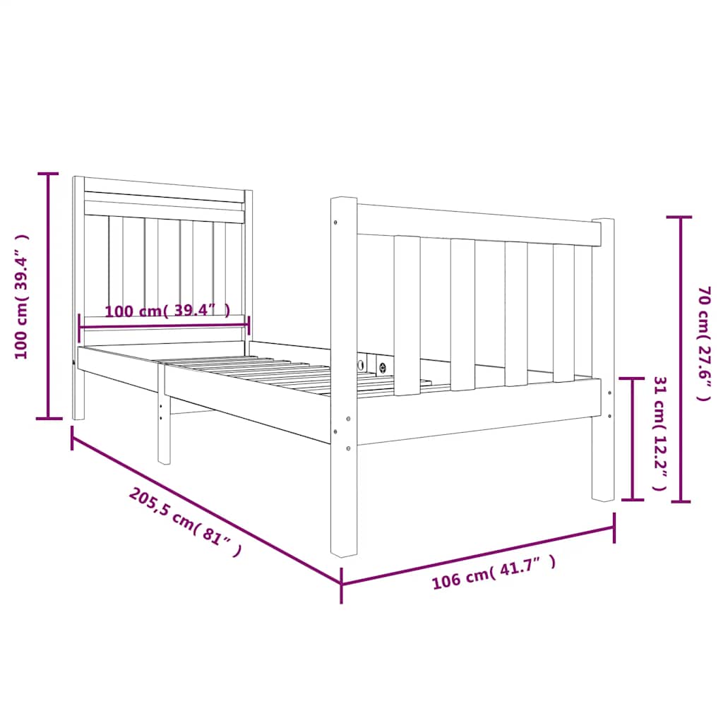 3100709 vidaXL Bed Frame without Mattress Solid Wood 100x200 cm (810072+814079)