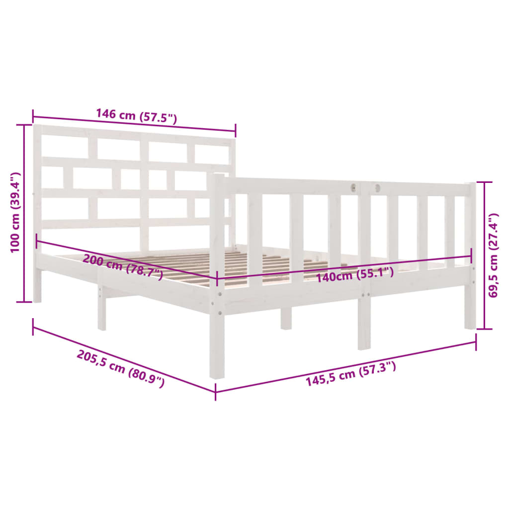 3101349 vidaXL Bed Frame without Mattress White Solid Wood 140x200 cm (810083+814195)