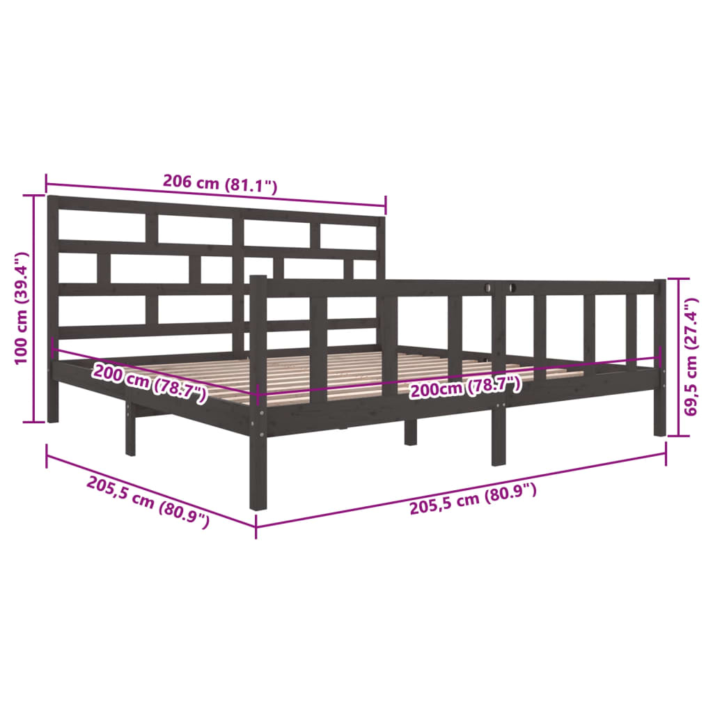 3101370 vidaXL Bed Frame without Mattress Grey Solid Wood 200x200 cm (810104+814216)