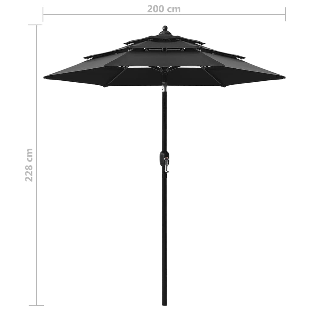 3-Tier Garden Parasol with Aluminium Pole Black 2 m