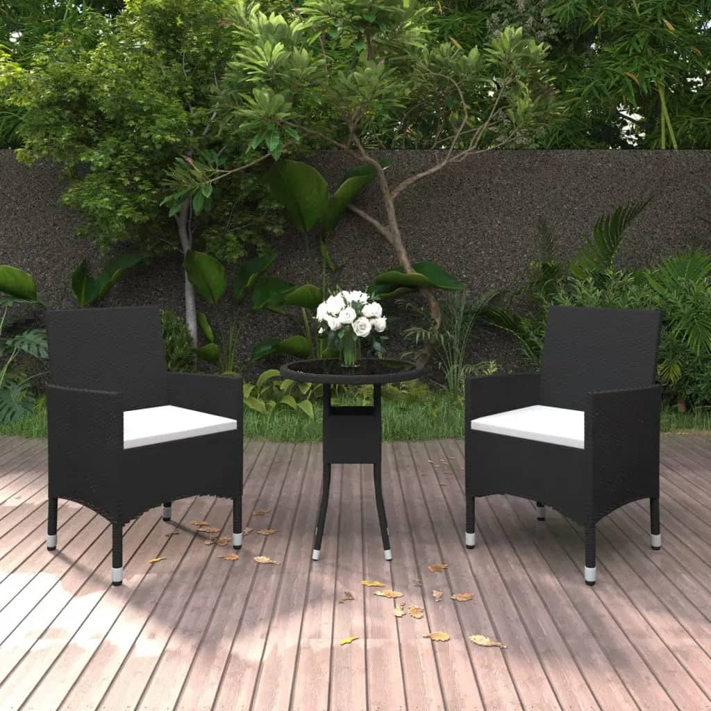 3 Piece Garden Bistro Set Poly Rattan and Tempered Glass Black