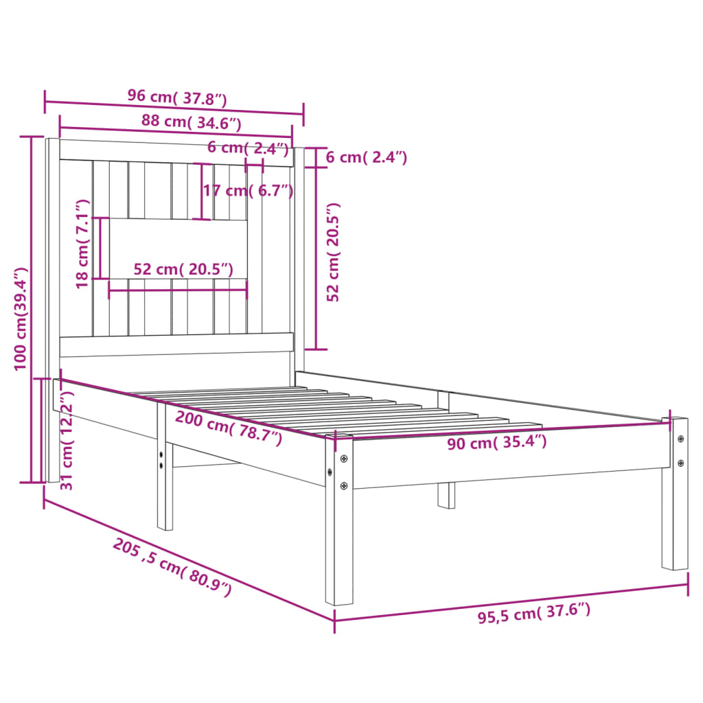 3104048 vidaXL Bed Frame without Mattress Solid Wood 90x200 cm (810002+818650)