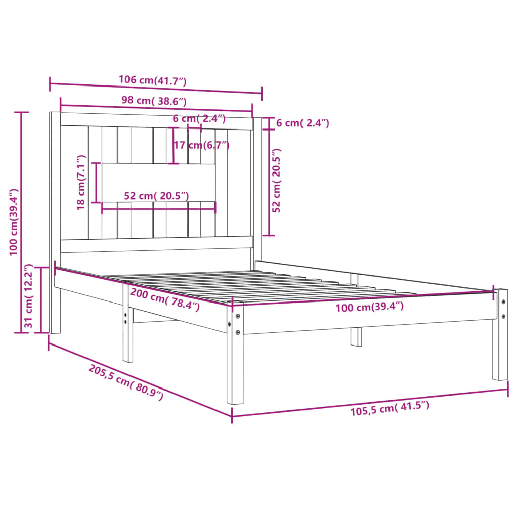 3104053 vidaXL Bed Frame without Mattress Solid Wood 100x200 cm (810007+818655)