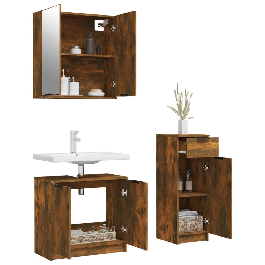 3 Piece Bathroom Cabinet Set Smoked Oak Engineered Wood