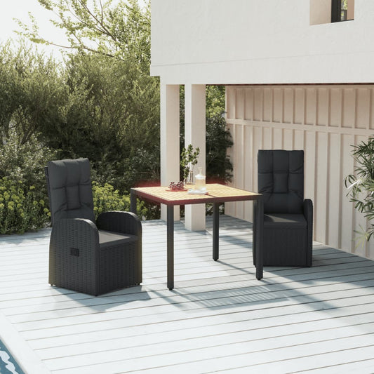 3 Piece Garden Dining Set Black Poly Rattan&Solid Wood Acacia