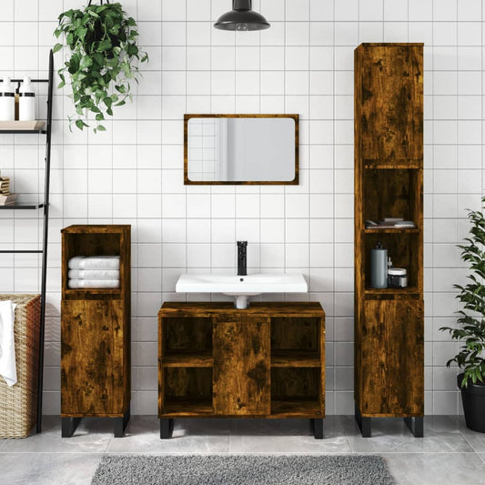 3 Piece Bathroom Furniture Set Smoked Oak Engineered Wood