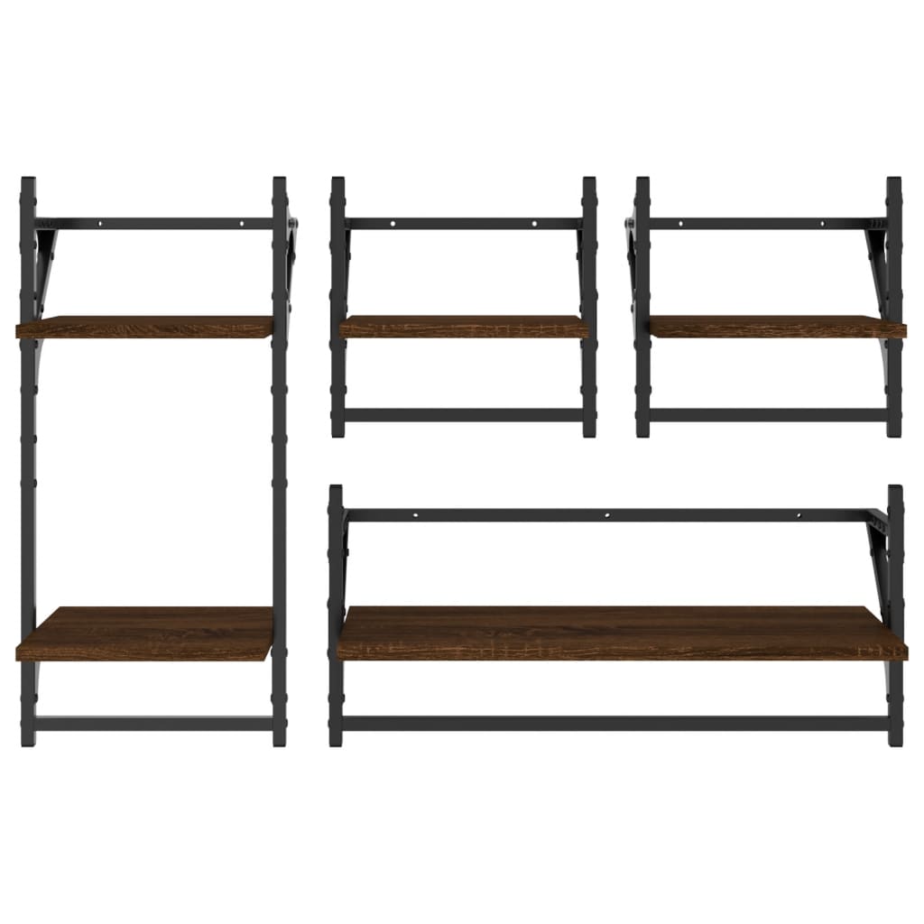 4 Piece Wall Shelf Set with Bars Brown Oak Engineered Wood