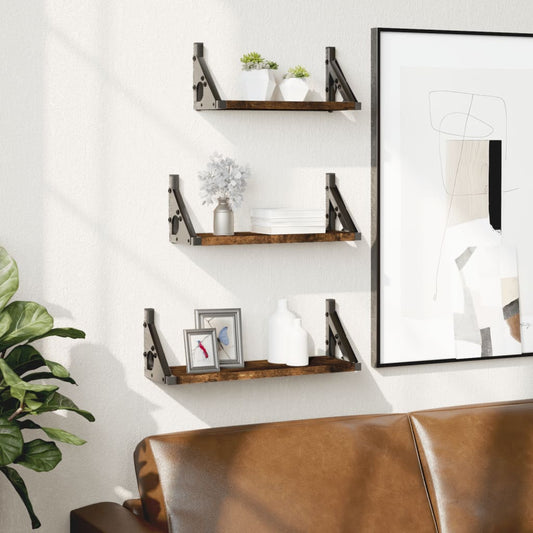 3 Piece Wall Shelf Set Smoked Oak Engineered Wood