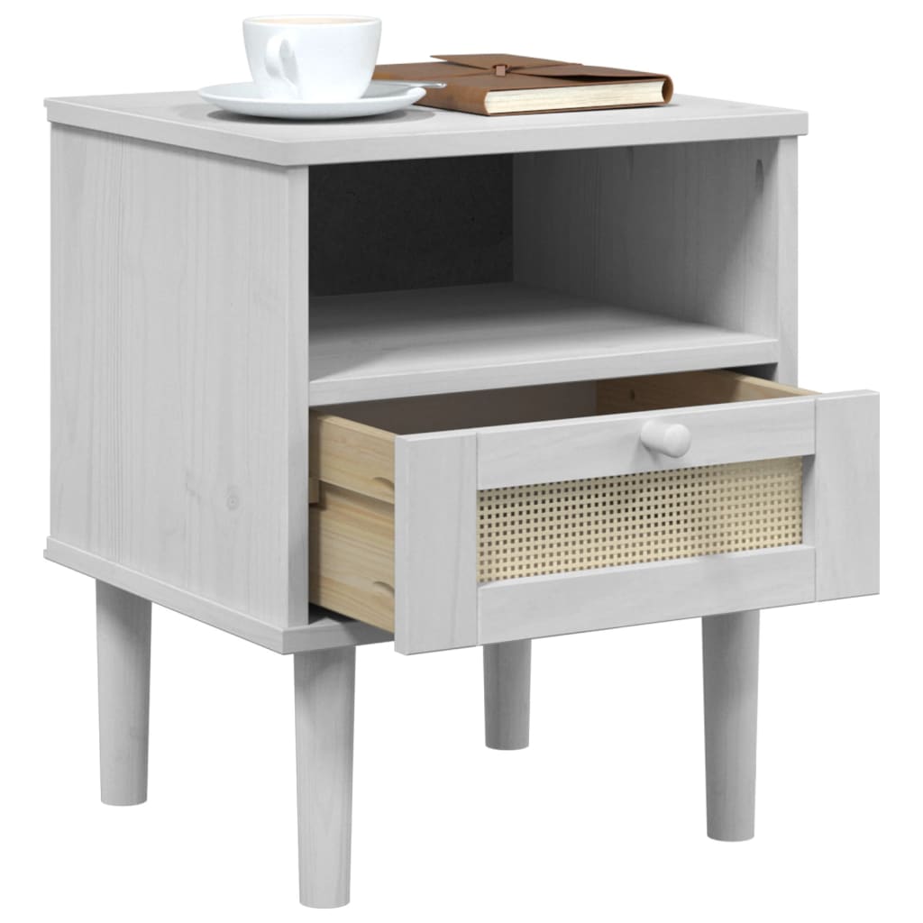 Bedside Cabinet SENJA Rattan Look White 40x35x48 cm Solid Wood Pine