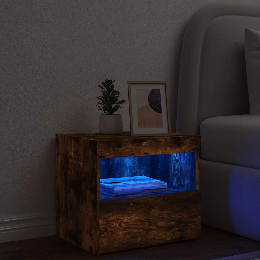 Bedside Cabinet with LED Lights Smoked Oak 50x40x45 cm