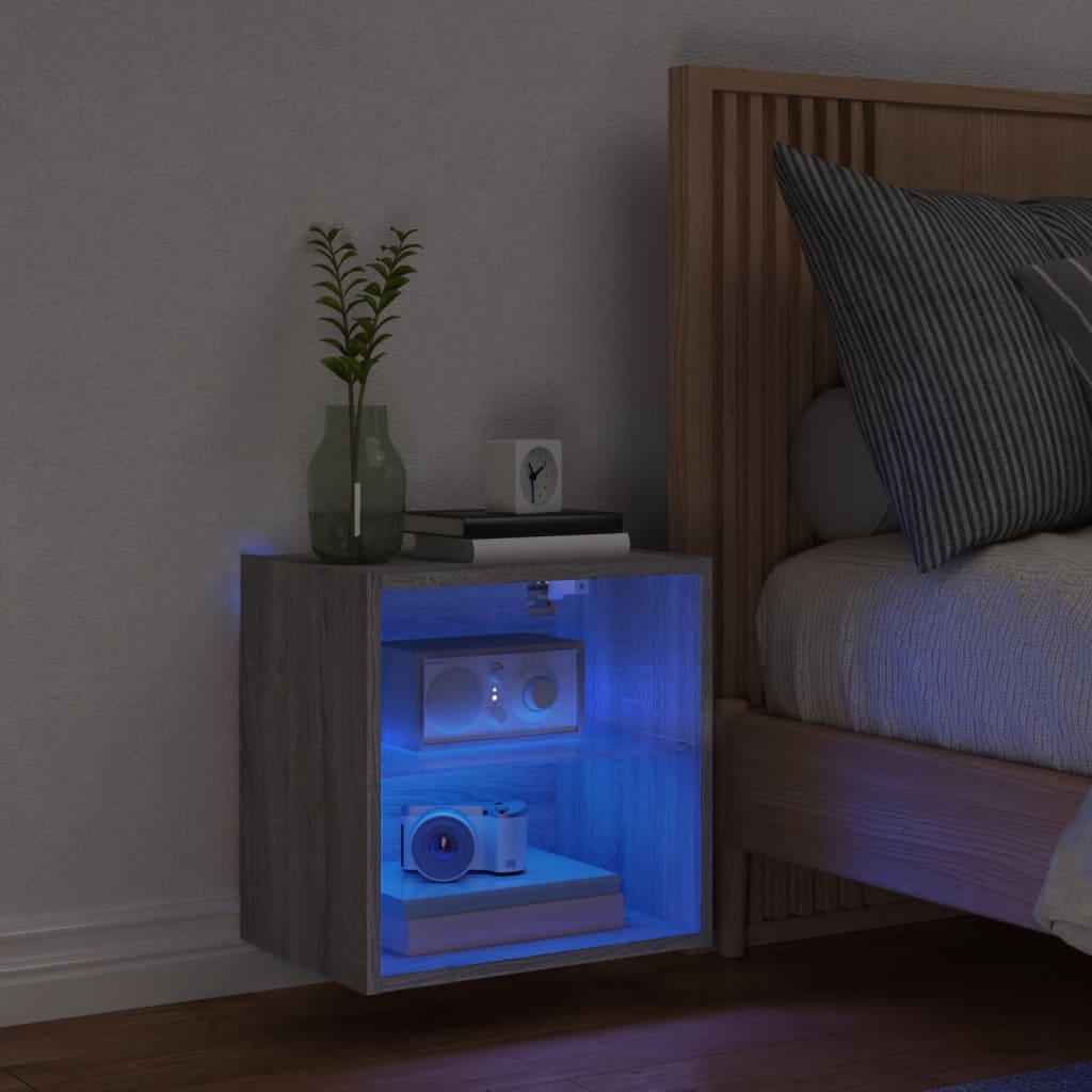 Bedside Cabinet with LED Lights Wall-mounted Grey Sonoma