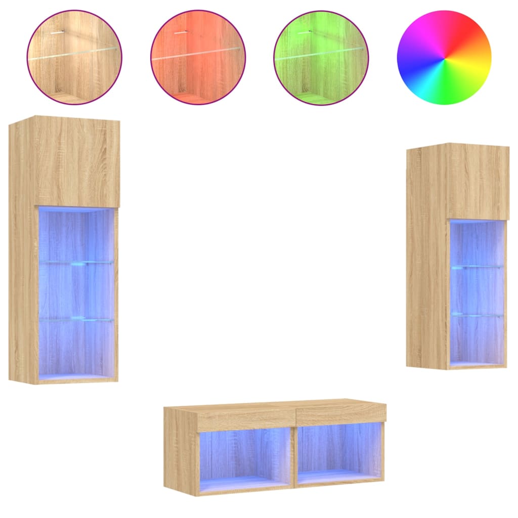4 Piece TV Wall Cabinets with LED Lights Sonoma Oak