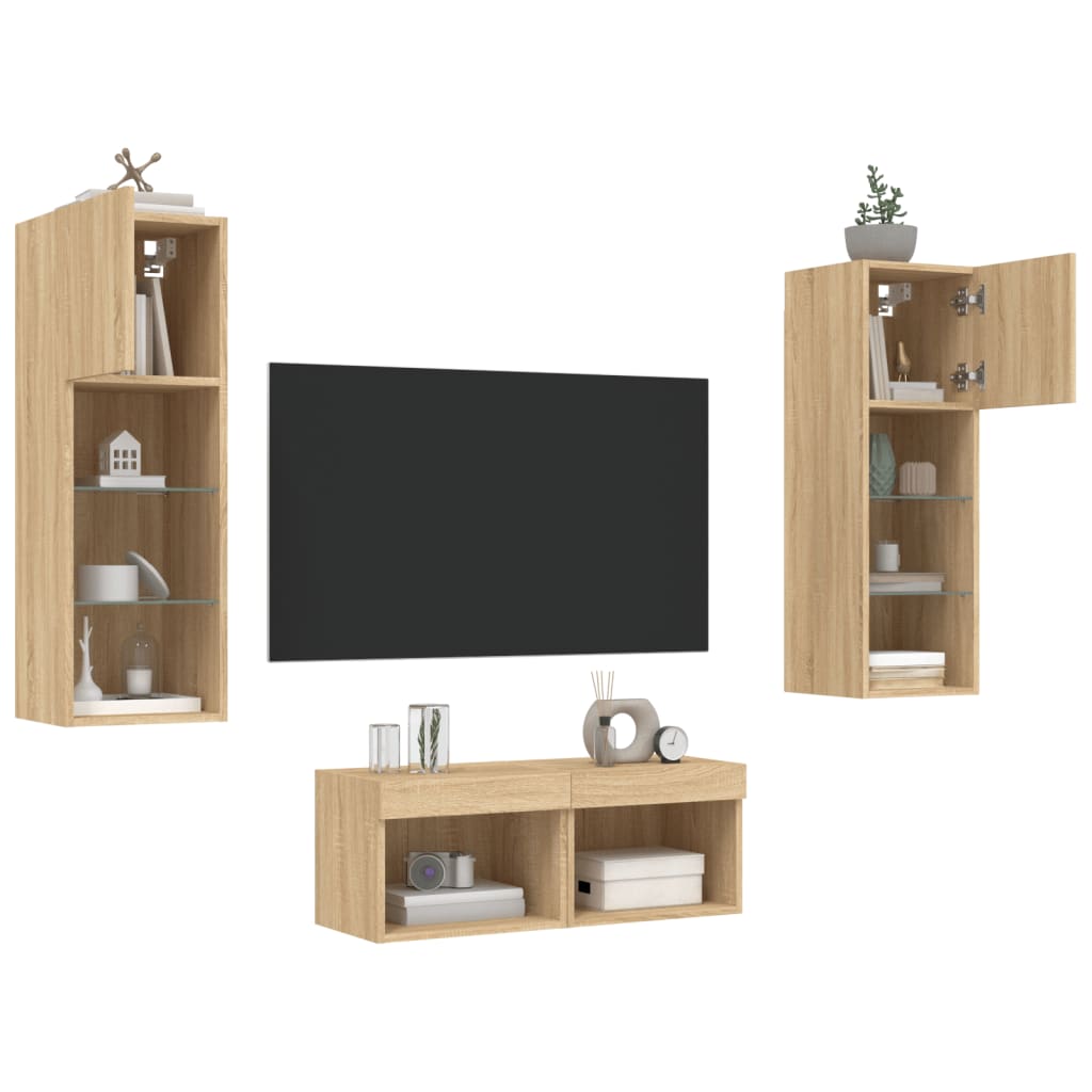 4 Piece TV Wall Cabinets with LED Lights Sonoma Oak