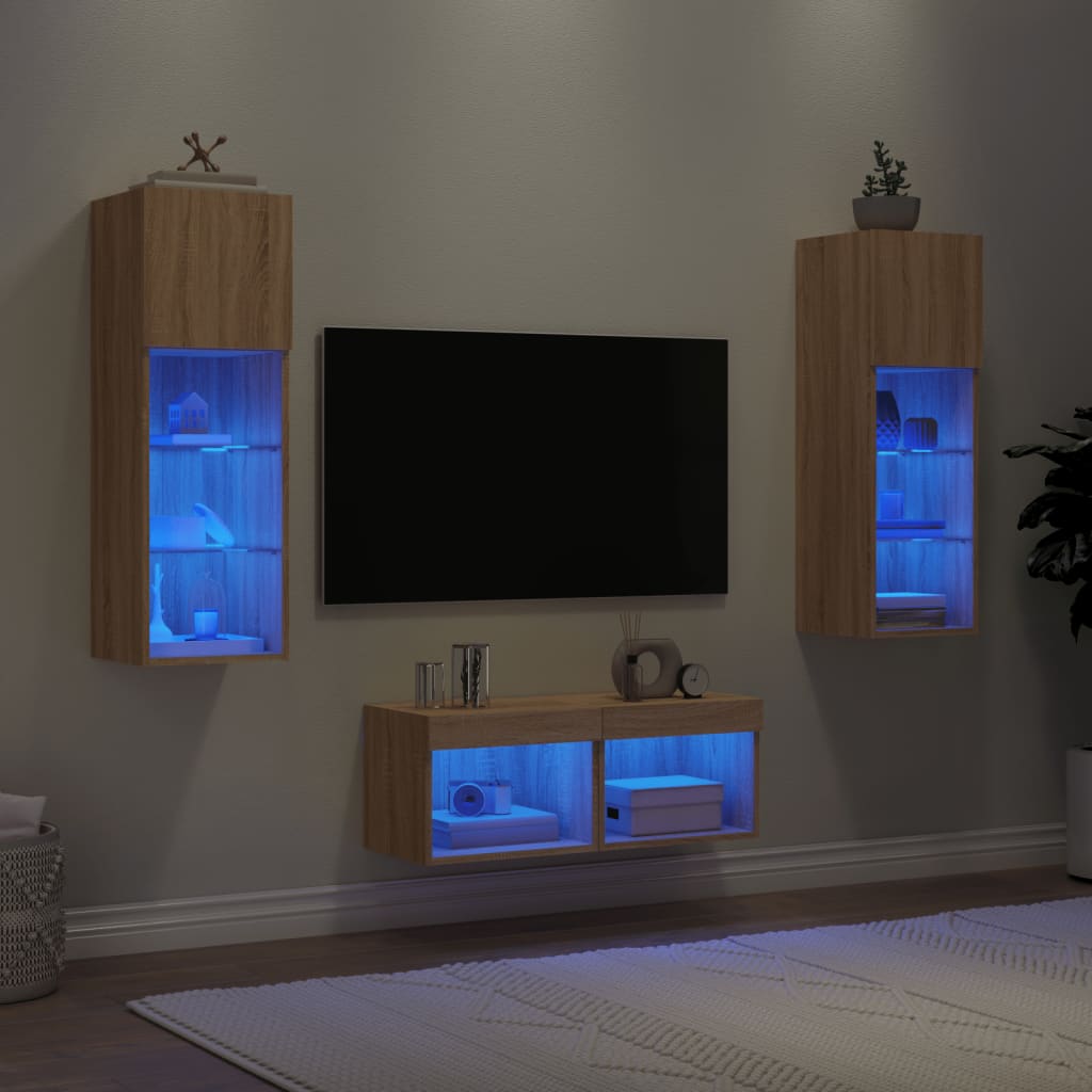 4 Piece TV Wall Cabinets with LED Lights Sonoma Oak