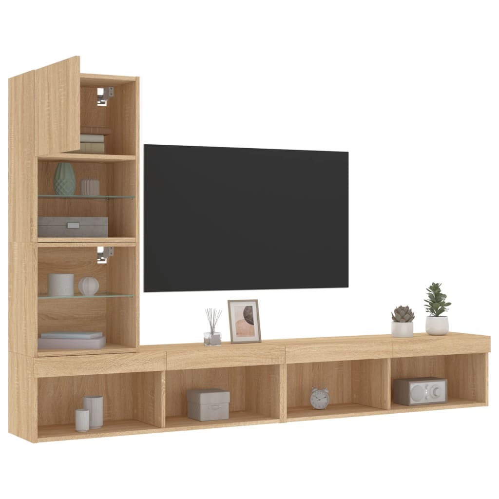 4 Piece TV Wall Units with LED Sonoma Oak Engineered Wood