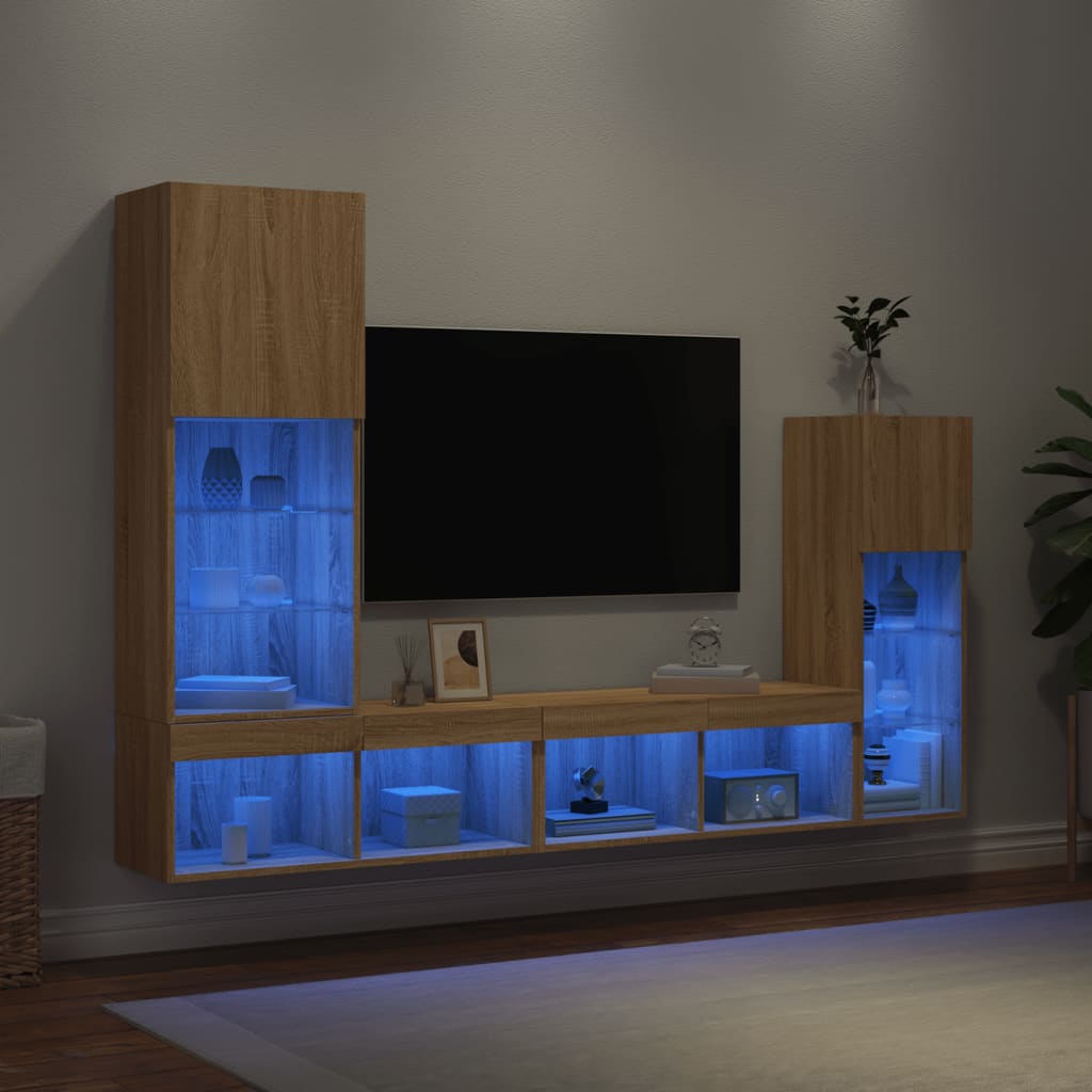 4 Piece TV Wall Units with LED Sonoma Oak Engineered Wood