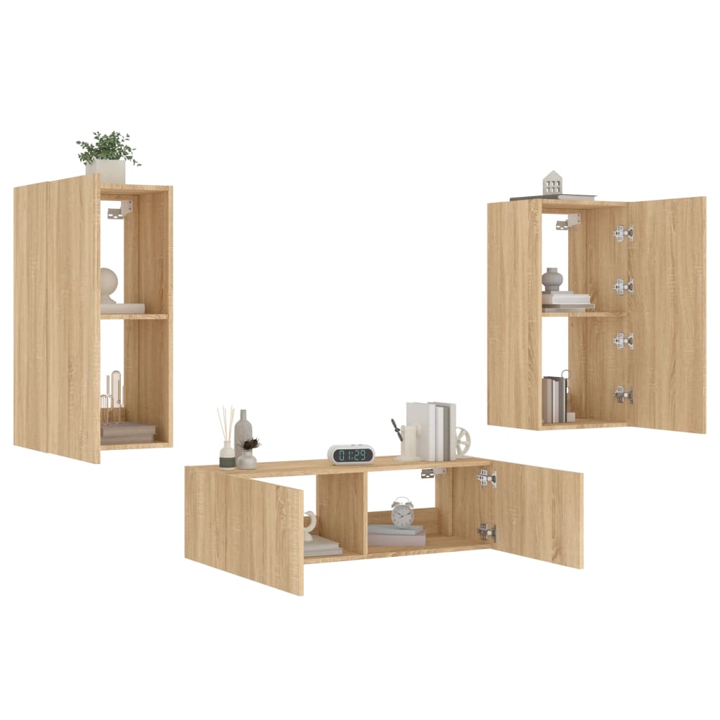 3 Piece TV Wall Cabinets with LED Lights Sonoma Oak