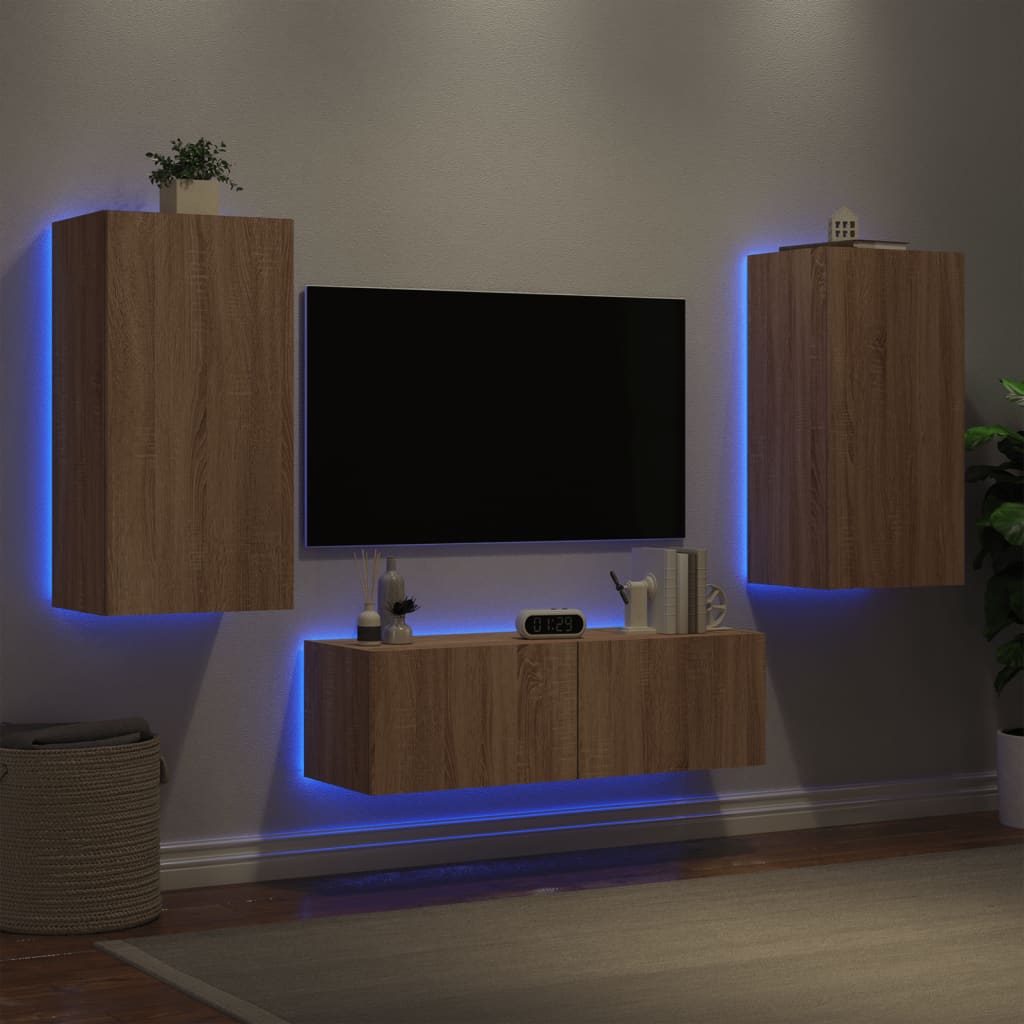 3 Piece TV Wall Cabinets with LED Lights Sonoma Oak