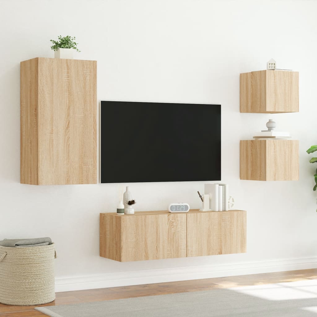 4 Piece TV Wall Cabinets with LED Lights Sonoma Oak
