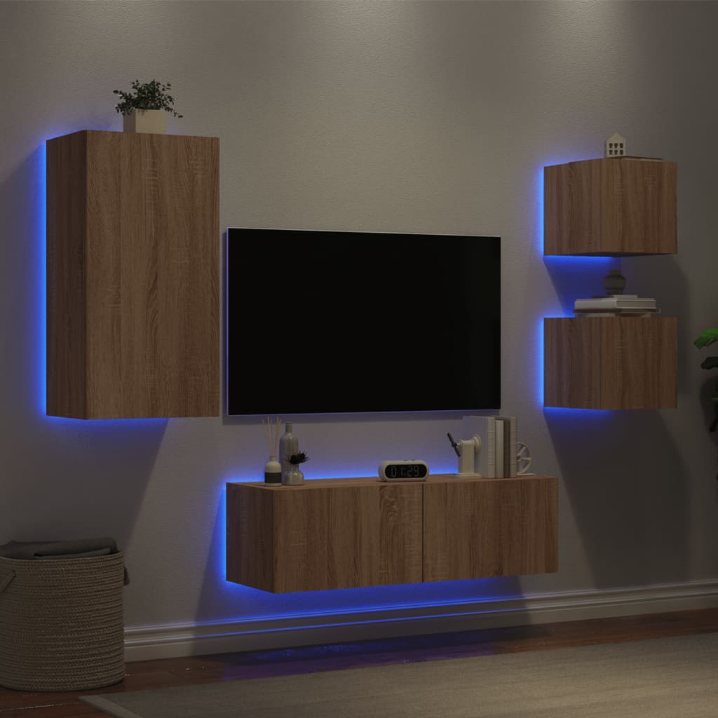 4 Piece TV Wall Cabinets with LED Lights Sonoma Oak