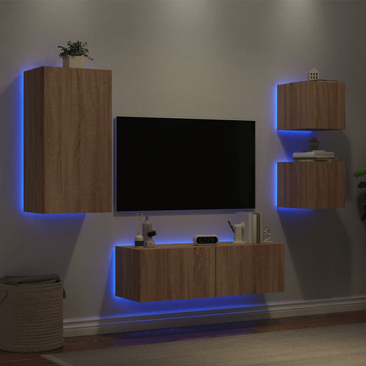 4 Piece TV Wall Cabinets with LED Lights Sonoma Oak