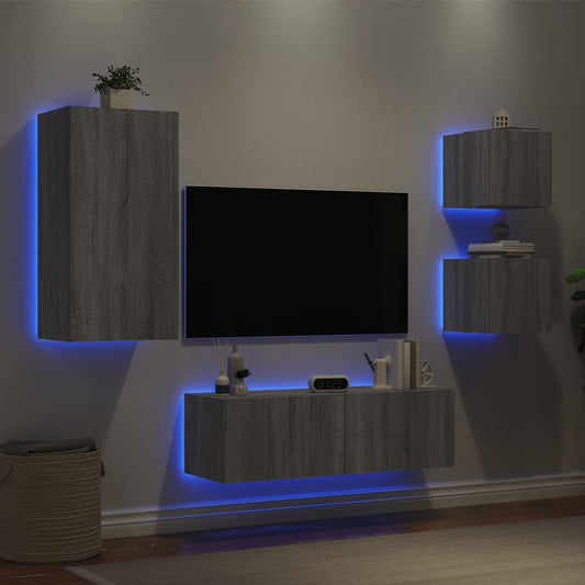4 Piece TV Wall Cabinets with LED Lights Grey Sonoma