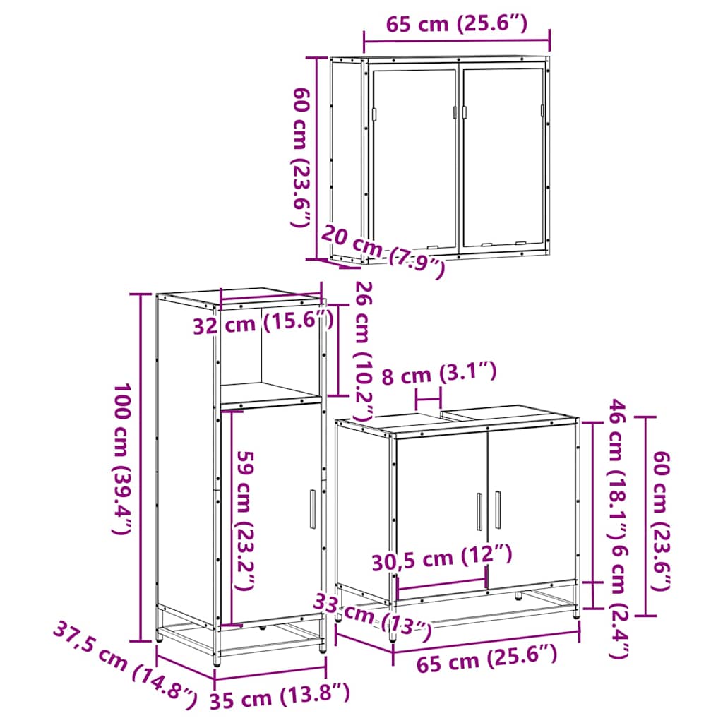 3 Piece Bathroom Furniture Set Brown Oak Engineered Wood