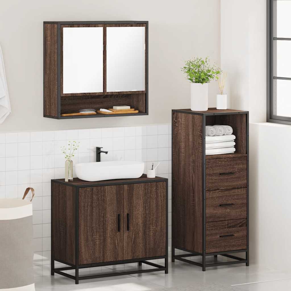 3 Piece Bathroom Furniture Set Brown Oak Engineered Wood