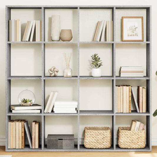 Stylish Grey Sonoma Engineered Wood Book Cabinet with 16 Open Compartments