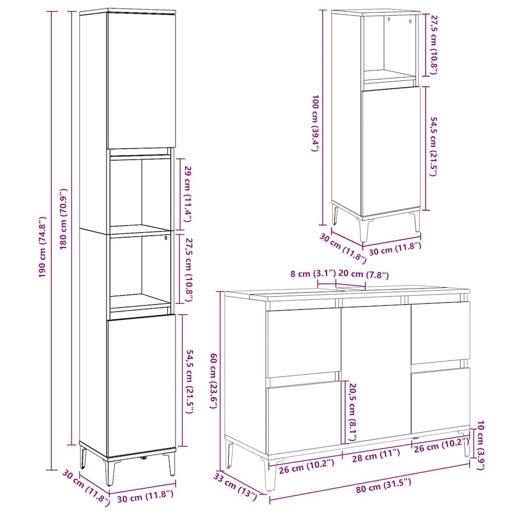 3 Piece Bathroom Furniture Set Concrete Grey Engineered Wood