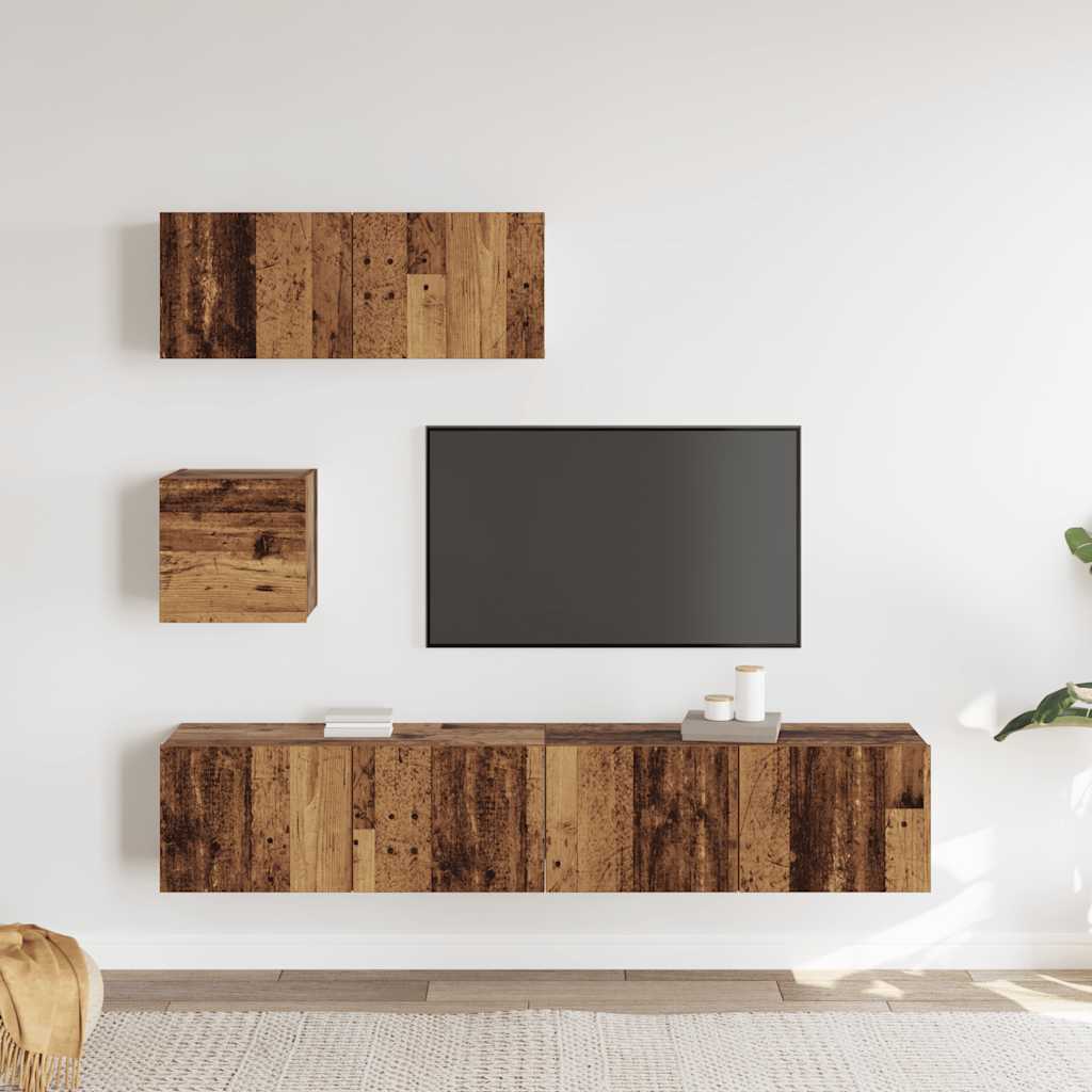 4 Piece TV Cabinet Set Wall-mounted Old Wood Engineered Wood