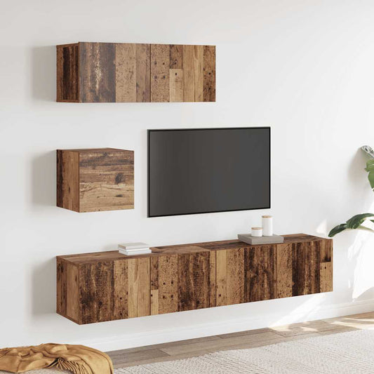 4 Piece TV Cabinet Set Wall-mounted Old Wood Engineered Wood