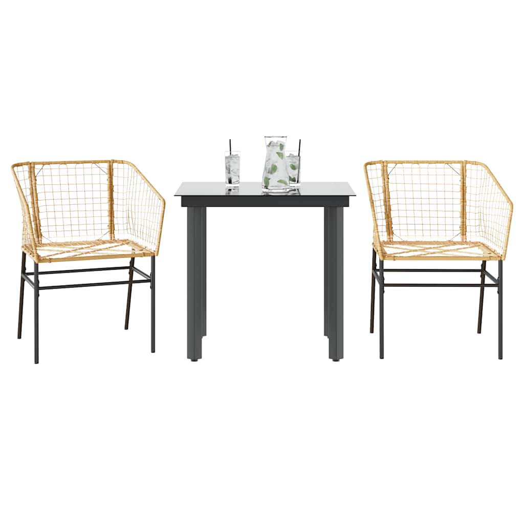 3 Piece Garden Dining Set Brown Poly Rattan Glass