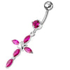 Trendy Jeweled Silver Flower Belly Ring - Surgical Steel & Sterling Charm