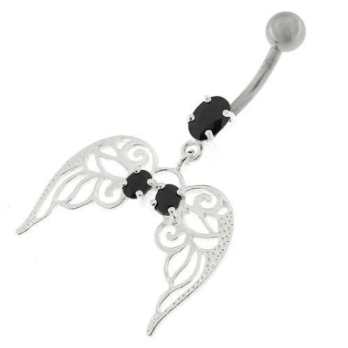 Enchanting Angel Wings: Floral Sterling Silver Belly Ring with Swarovski Sparkle