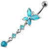 Chic Jeweled Long Tail Flower Belly Ring - 316L Surgical Steel & Sterling Silver