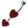 Trendy Double Red Jeweled Heart Belly Ring - Surgical Steel & Sterling Silver!