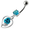 Elegantly Jeweled Rose Heart Belly Ring - 316L Surgical Steel & Sterling Silver