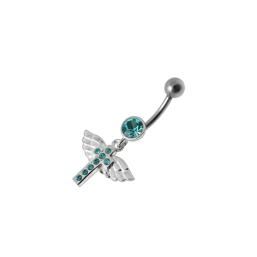 Trendy Jeweled Flying Cross Belly Ring - Surgical Steel & Sterling Silver Charm