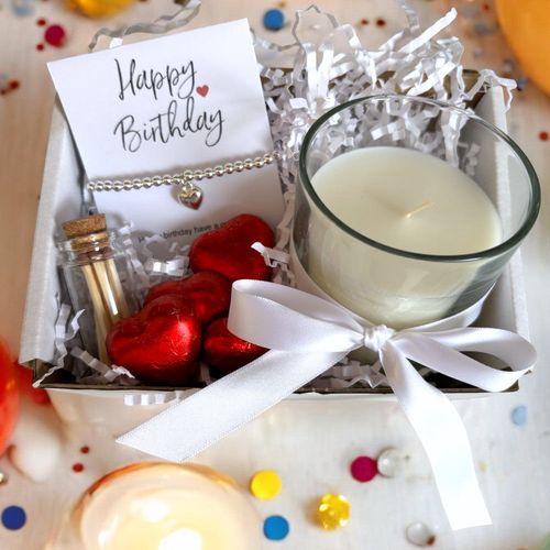 Charming Birthday Gift Hamper: Silver Heart Bracelet, Chocolates & Scented Candle