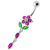 Trendy Jeweled Flower Belly Ring - Stylish 14g Surgical Steel Navel Jewelry