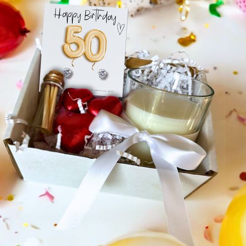 50th Birthday Sparkling Gold Gift Hamper: Earrings, Candle & Chocolates