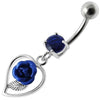 Elegantly Jeweled Rose Heart Belly Ring - 316L Surgical Steel & Sterling Silver