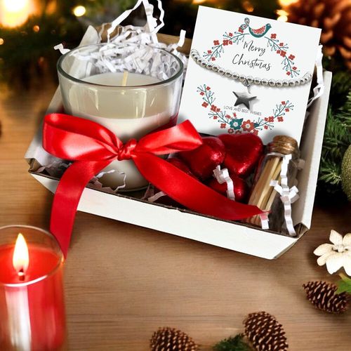 Silver Star Holiday Gift Hamper: Bracelet, Candle & Chocolates Delight!