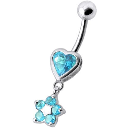 Sparkling Jeweled Heart Belly Ring with Elegant Dangling Flower Charm