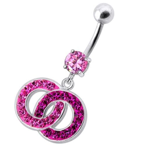 Trendy Multi-Colored Stone Crossed Dangling Belly Ring - 316L Steel & Silver