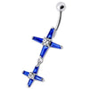 Trendy Silver Jeweled Double Cross Belly Ring - Sparkle in Style!