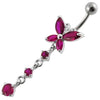 Chic Jeweled Long Tail Flower Belly Ring - 316L Surgical Steel & Sterling Silver